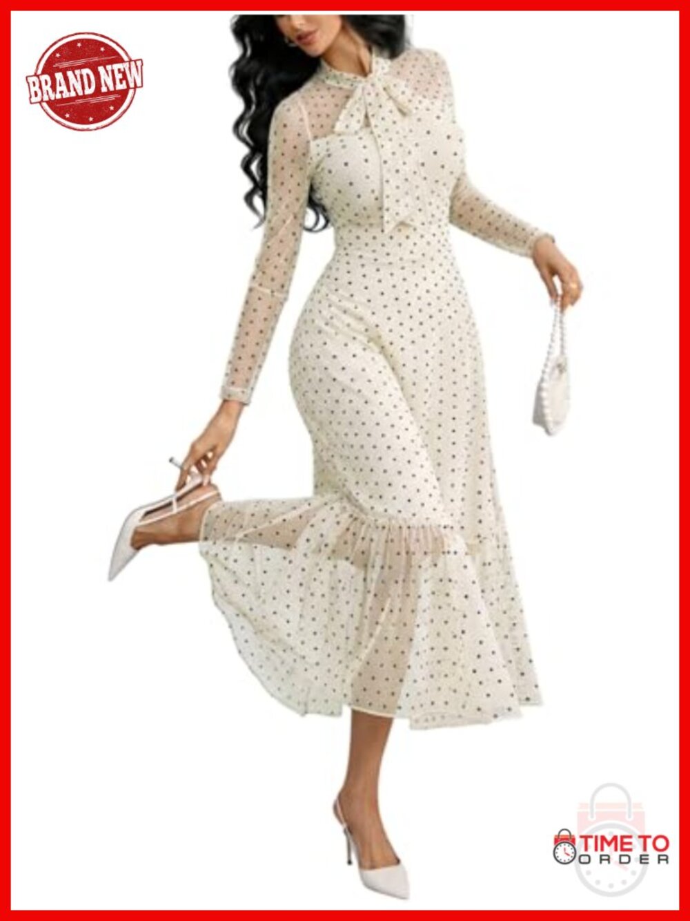 Women's Polka Dot Ruffle A-Line Long Sleeve Mock Neck Fall Vintage Dress